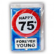 Carte de vœux avec badge à épingler 'Happy 75+'